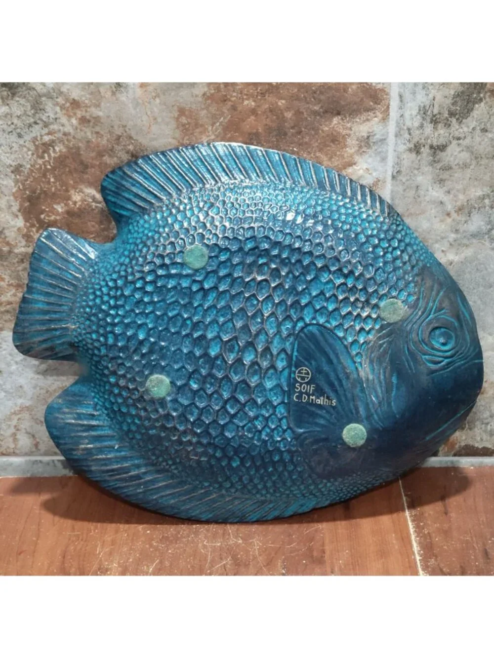 Iridescent Glass Parrotfish Decorative Tray Signed SOIF CD Mathis Large Serving